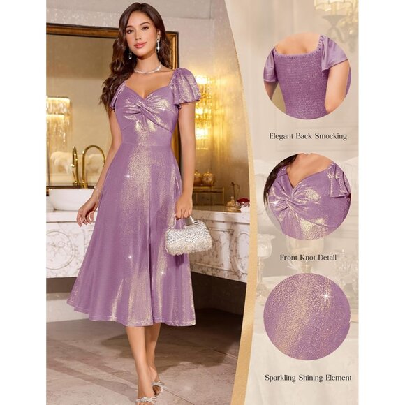 Women Sparkly V-Neck Short Sleeve Formal Dress Long Evening Cocktail - Picture 6 of 6